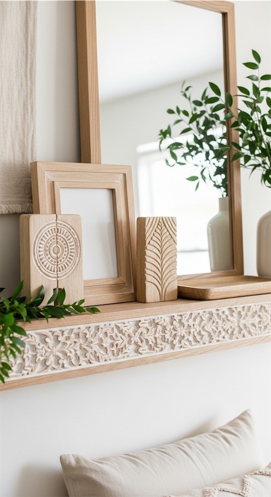 light wood decor on mantle