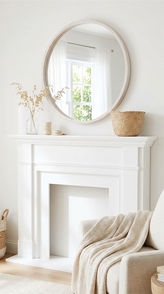 round mirror hanging above fireplace