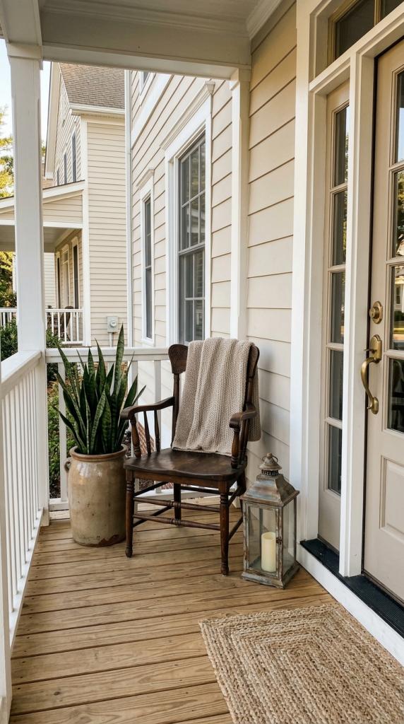 chair and lanterns in corner of porch