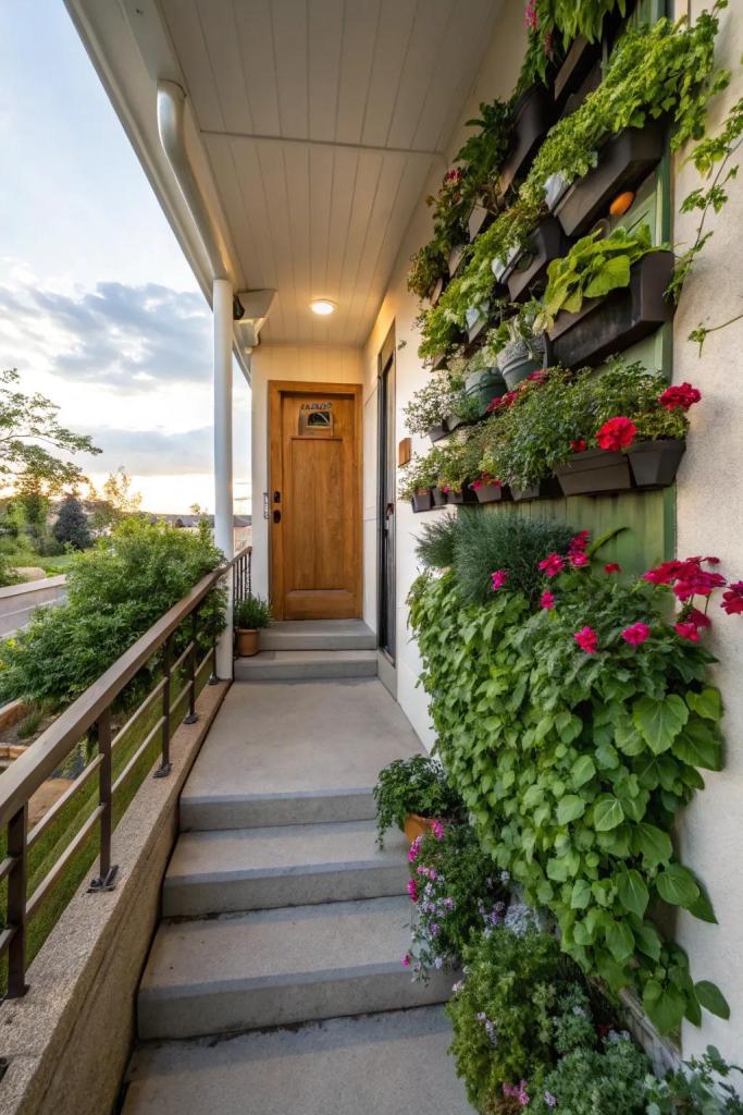 vertical flower planters on narrow porch 