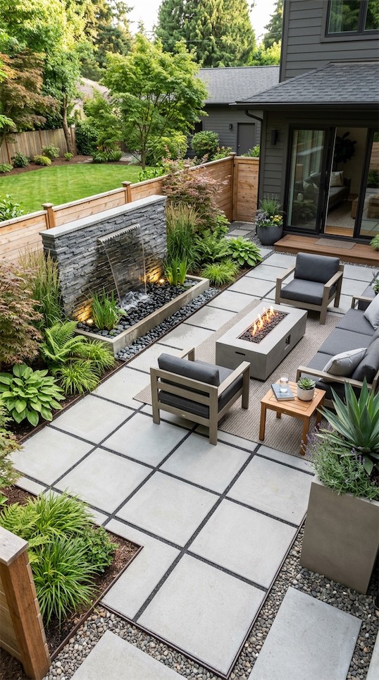 water feature next to modern patio