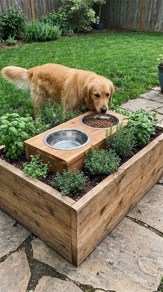 raised dog bowl and feeder in raised bed