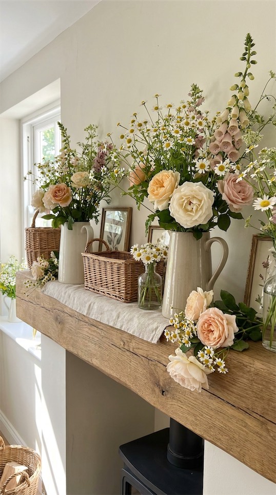 rattan elements and blooms on rustic summer mantle