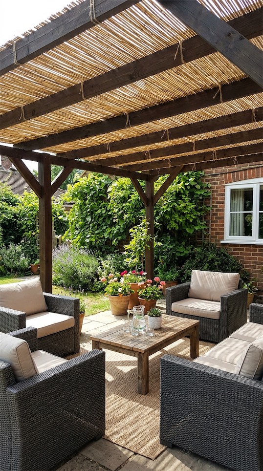 rattan mats on top of pergola