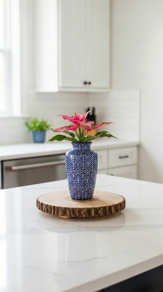 single focal point of blue vase and pink flower in kitchen