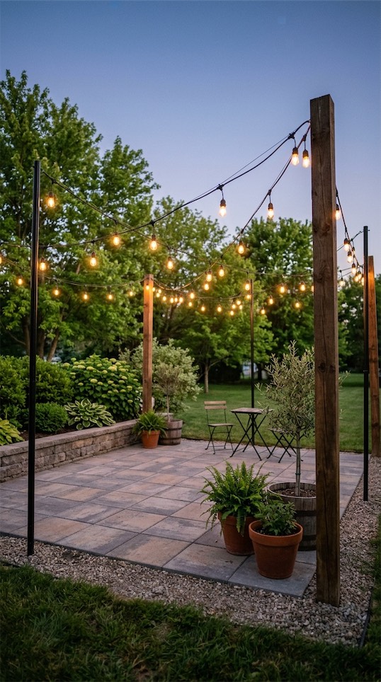 solar lights on poles abover paver patio