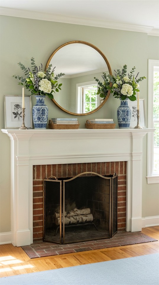 symmetrical vases on the white fireplace mantle
