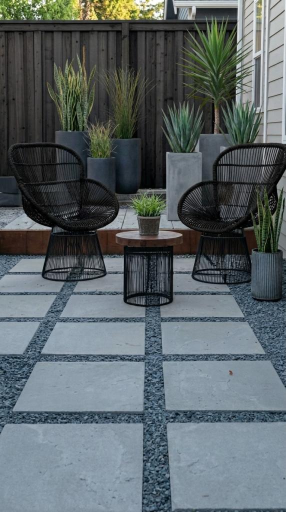 tall planters and black furniture on back patio