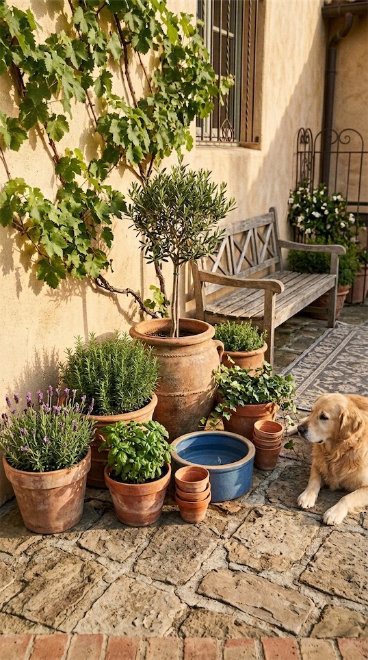 terracotta pots around dog bowl