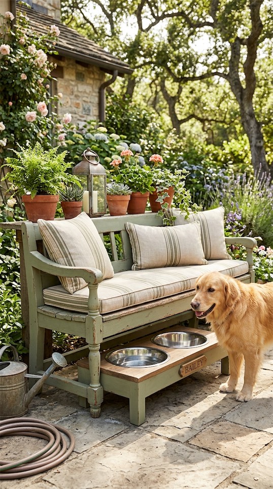 Dog Water Bowl Planter  under vintage bench 