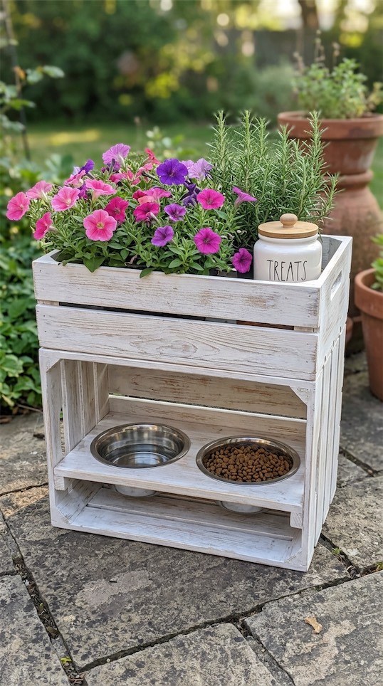 old crate converted to dog feeding station
