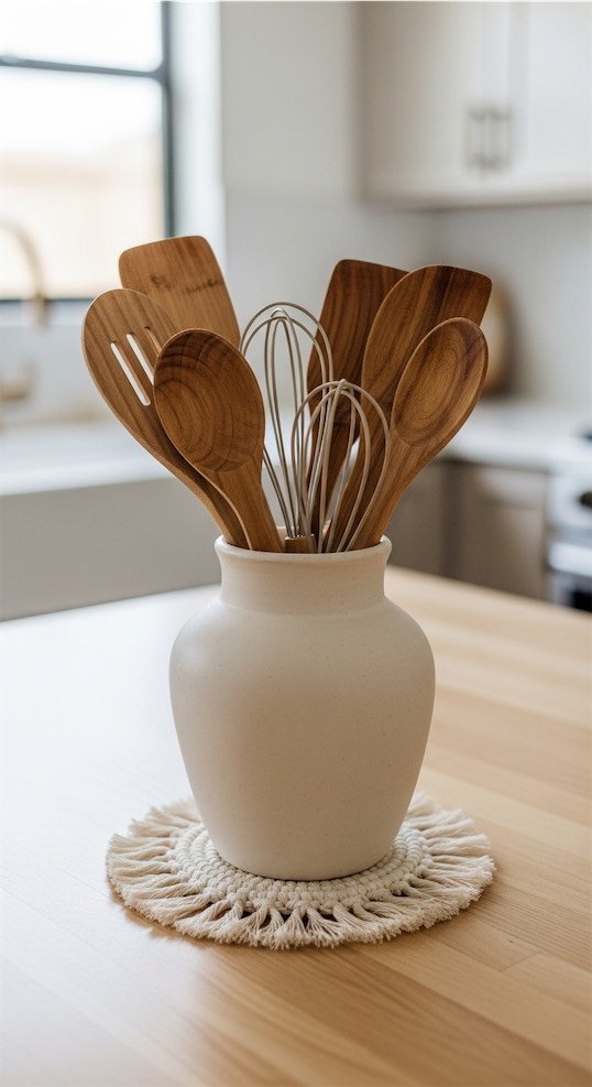 ceramic vase with wooden utensils