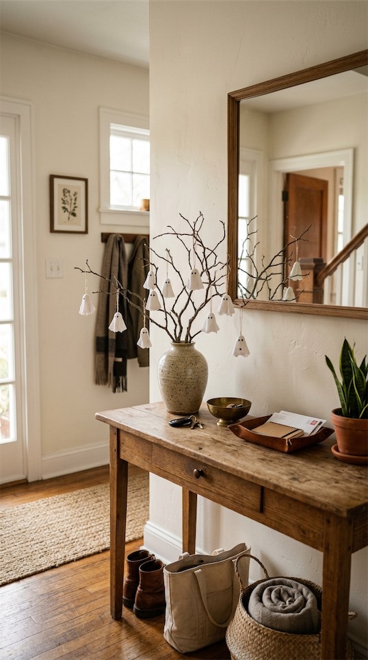 entryway vase with small hanging ghosts
