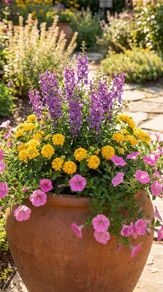 Angelonia, Lantana, and Trailing Petunias