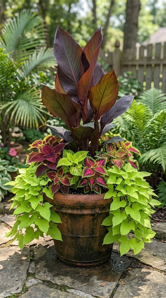 Canna Lily, Coleus, and Sweet Potato Vine