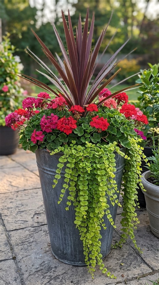 Cordyline, Geraniums, and Creeping Jenny