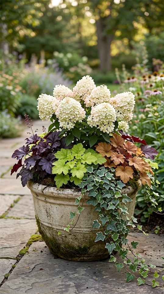 Dwarf Hydrangea, Heuchera, and Ivy