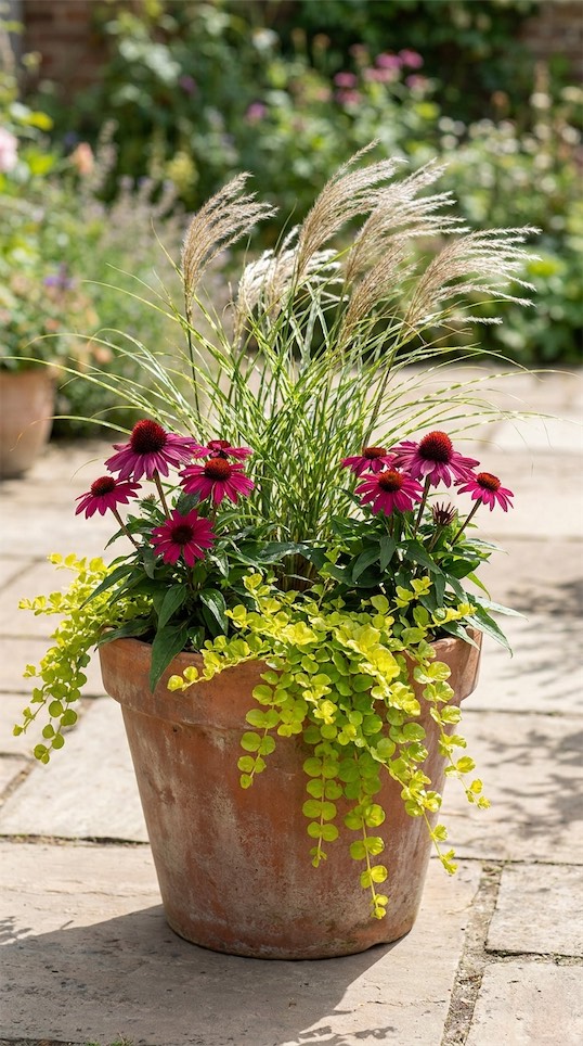 Ornamental Grass, Echinacea, and Creeping Jenny