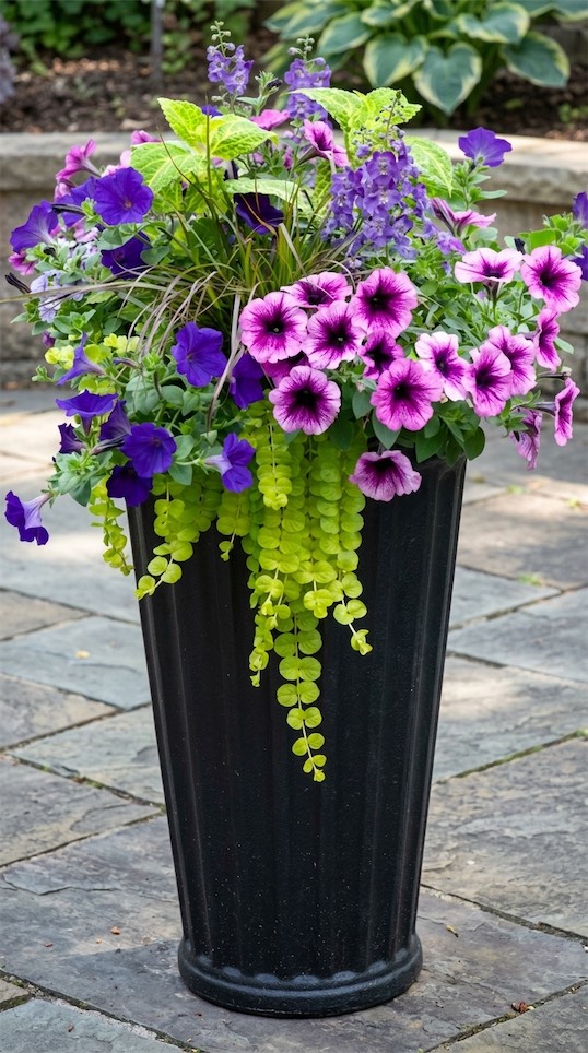 Purple Fountain Grass, Petunias, and Sweet Potato Vine