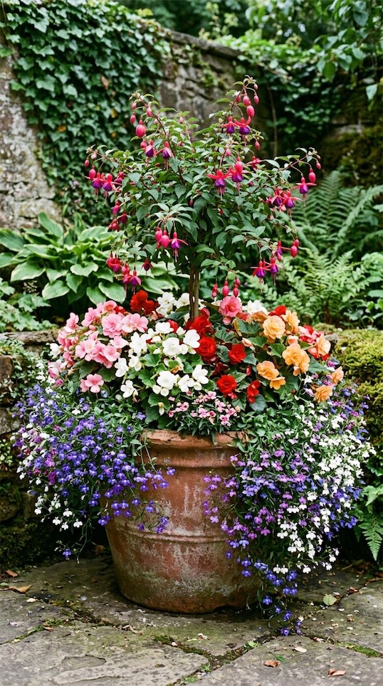 Upright Fuchsia, Begonias, and Trailing Lobelia