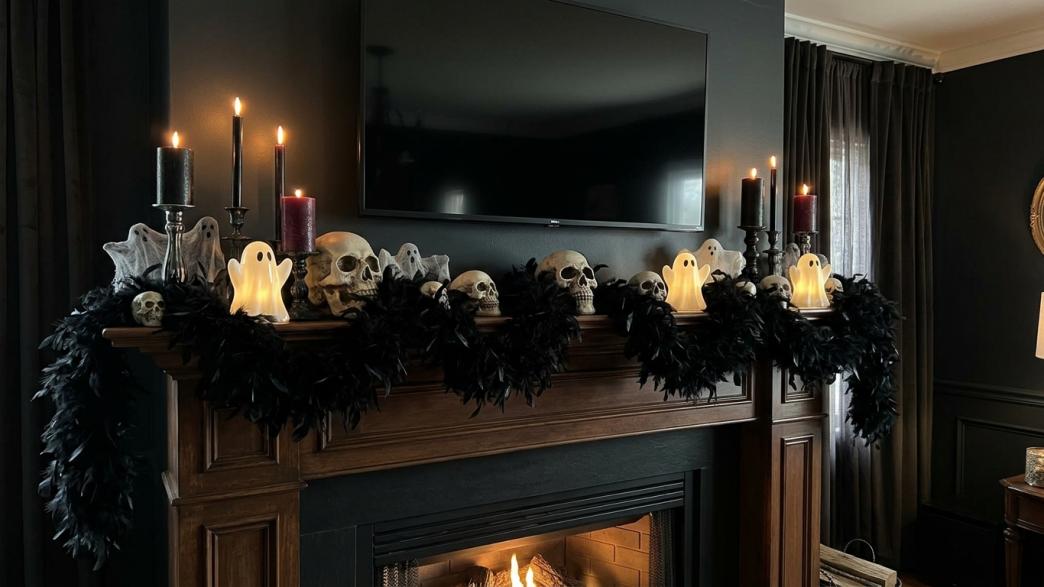 Halloween mantle decor with tv