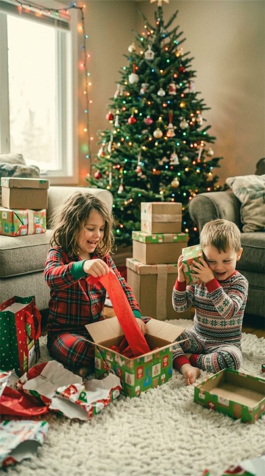 kids opening presents photoshoot