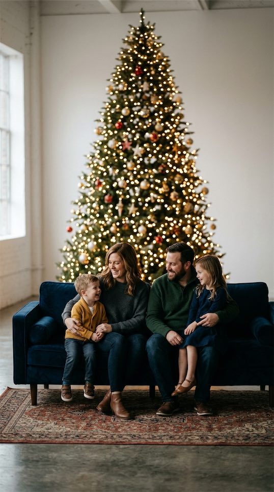 family photo on sofa in front of big christmas tree